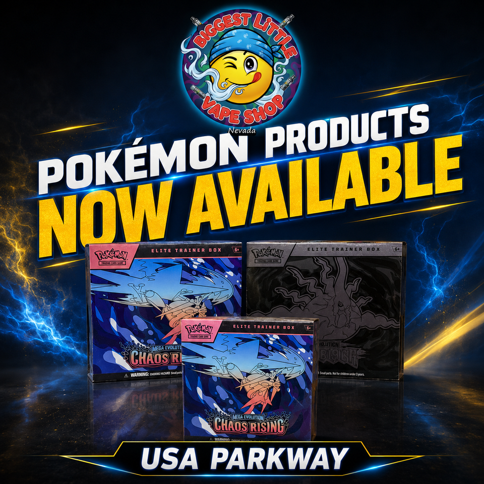 Pokémon TCG Mega Evolution Chaos Rising Elite Trainer Boxes available at Biggest Little Vape Shop on USA Parkway, Nevada