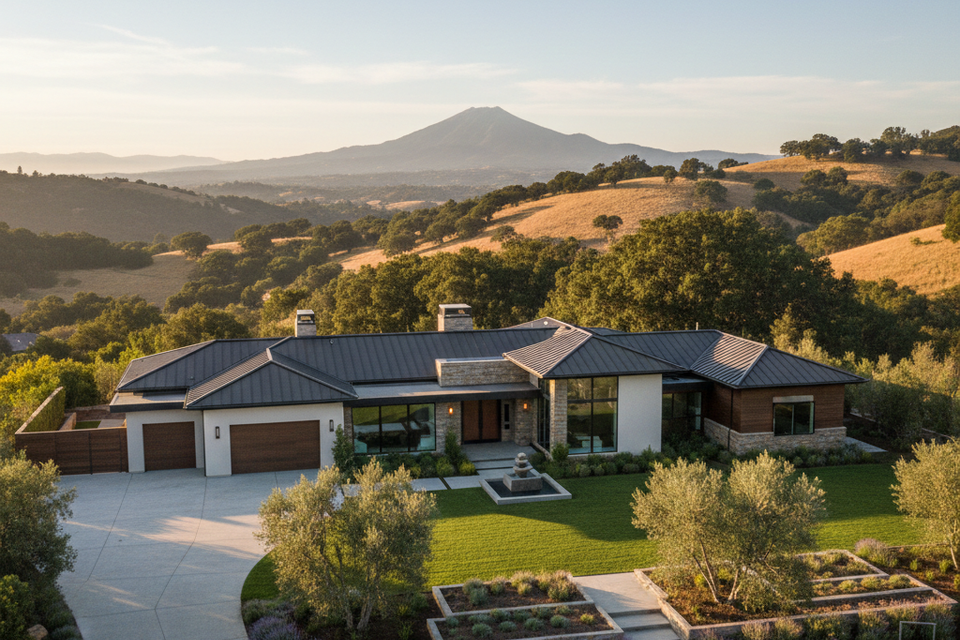 Luxury Walnut Creek CA estate with modern architectural flooring and custom hardwood installation by Concord Carpet And Hardwood overlooking Mt. Diablo.