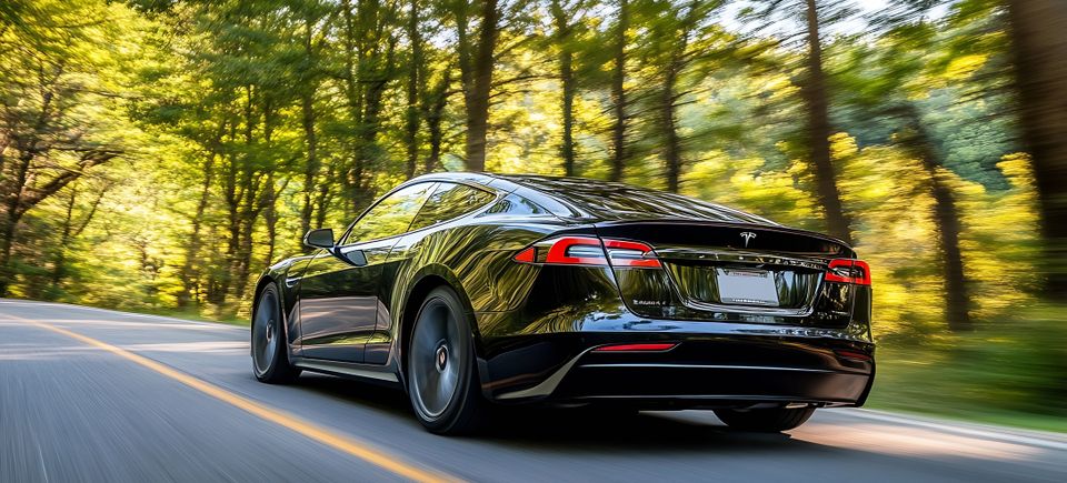Black tesla ev car driving through scenic forest roadway 55219022 min original