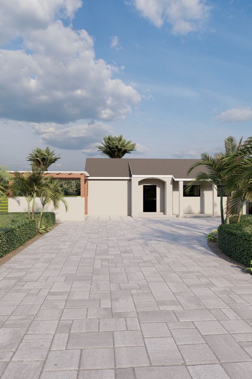 Residential landscaping with long walkway