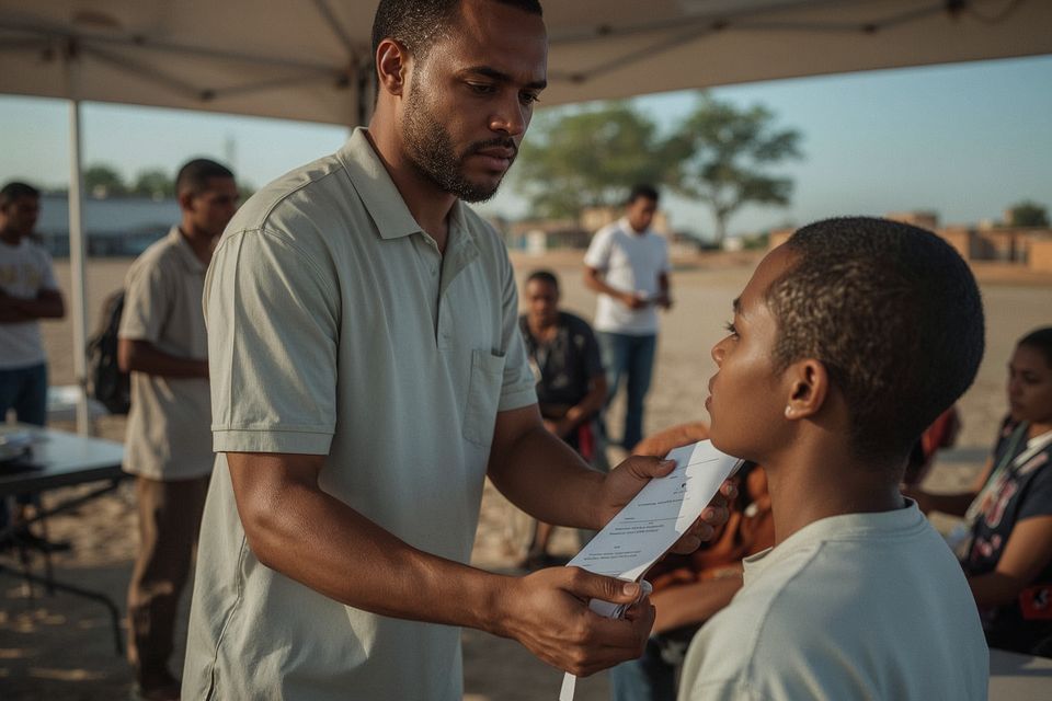 Volunteer physician assistant examining a patient at an overseas medical mission
