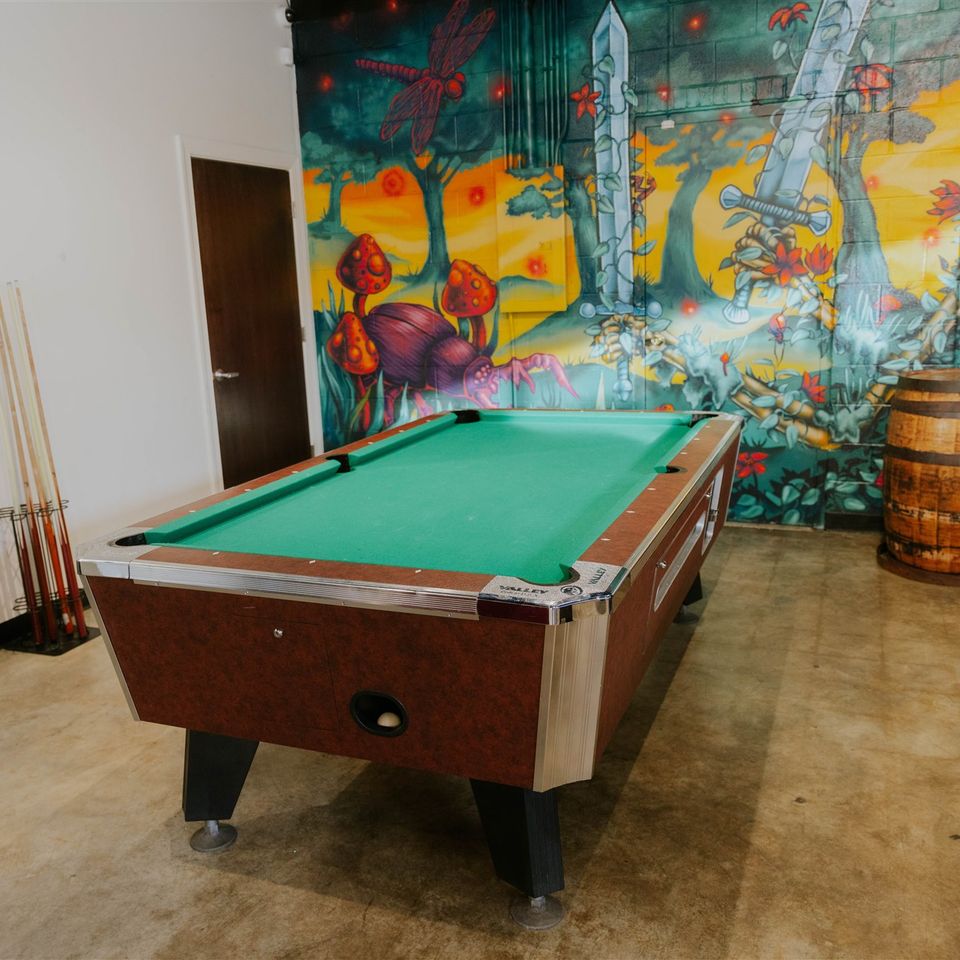Pool table with skeleton and sword covered in vines mural on wall in background