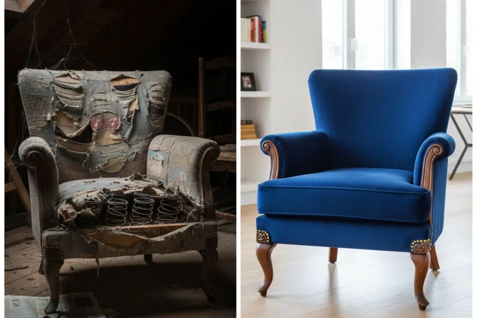 Split image showing antique chair restoration before and after professional reupholstery services, demonstrating website portfolio features for furniture repair shops.