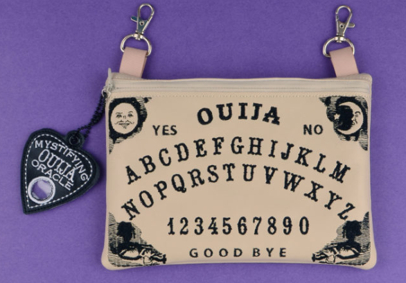 Custom embroidered Ouija board-themed zipper pouch featuring letters, numbers, and a planchette-inspired charm.