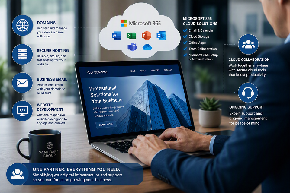 Photo representing Sandbank Group web domains, hosing, and MS365 services offered by Sandbank Group.