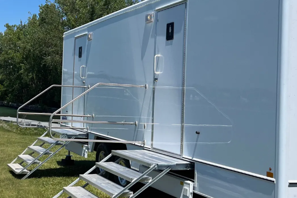 Climate-controlled restroom trailer for construction crews at a data center site in Turkey, Texas