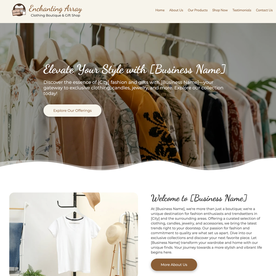Clothing boutique gift shop website design theme