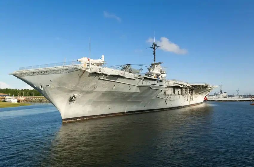 USS Yorktown aircraft carrier docked at Patriots Point in Mount Pleasant, South Carolina under a clear blue sky