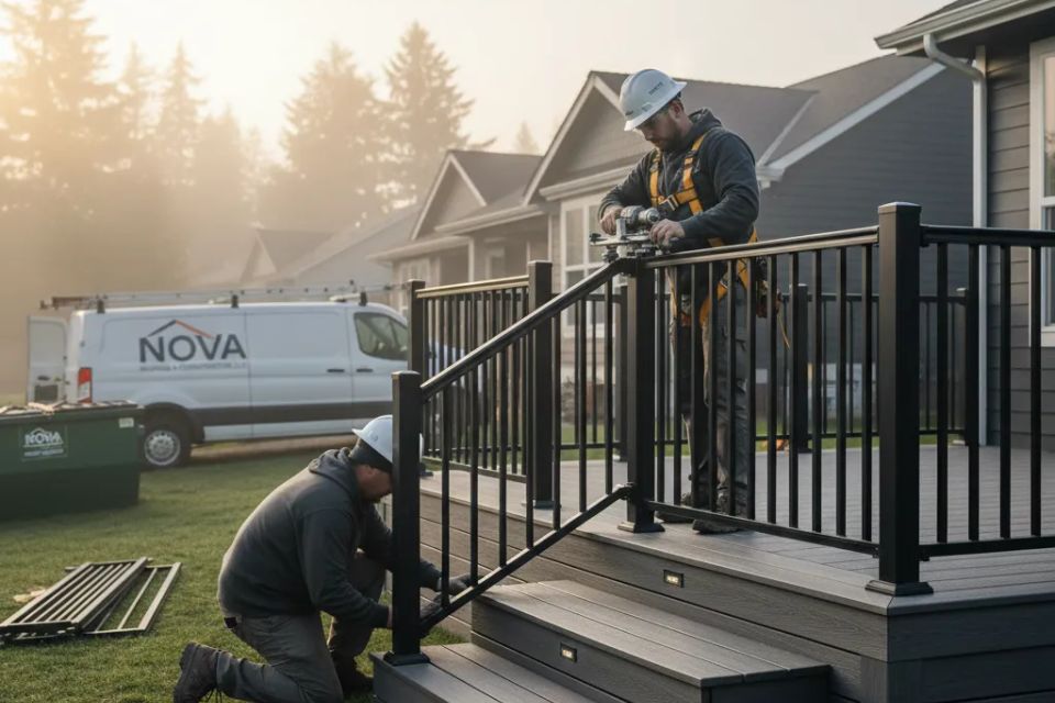 Nova Roofing + Construction LLC crew performing high-quality deck installation, featuring premium grey composite materials and secure railing systems for enhanced curb appeal and safety.