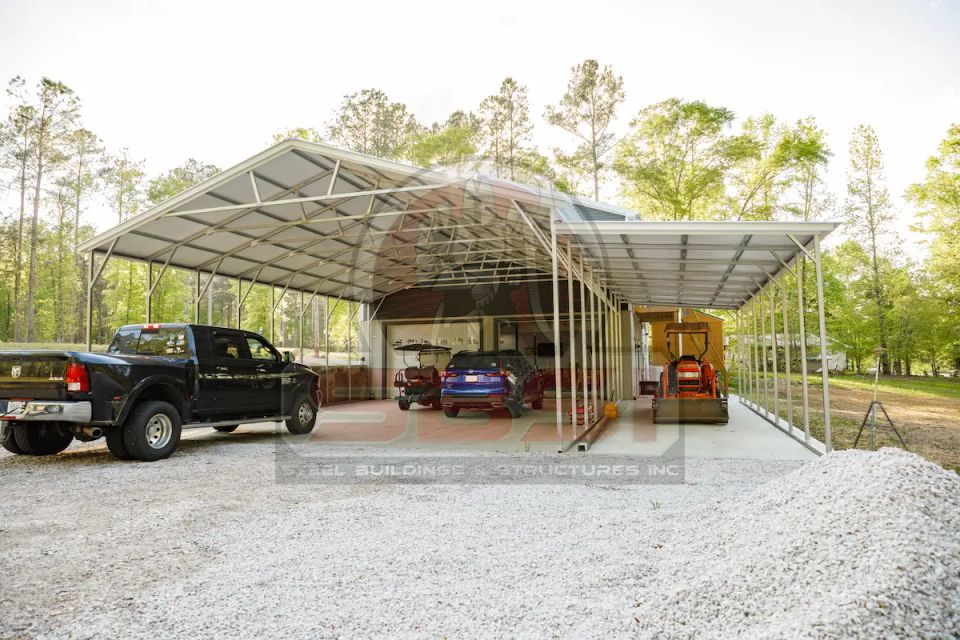 Large steel carport covering trucks and cars on gravel lot with SBSI watermark representing steel carports in Alabama