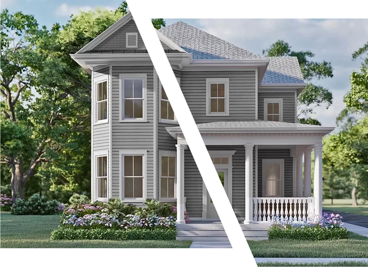 Architectural rendering of a two-story gray house with a covered front porch and landscaped yard
