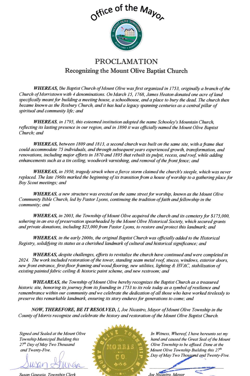 Signed proclamation for the baptist church