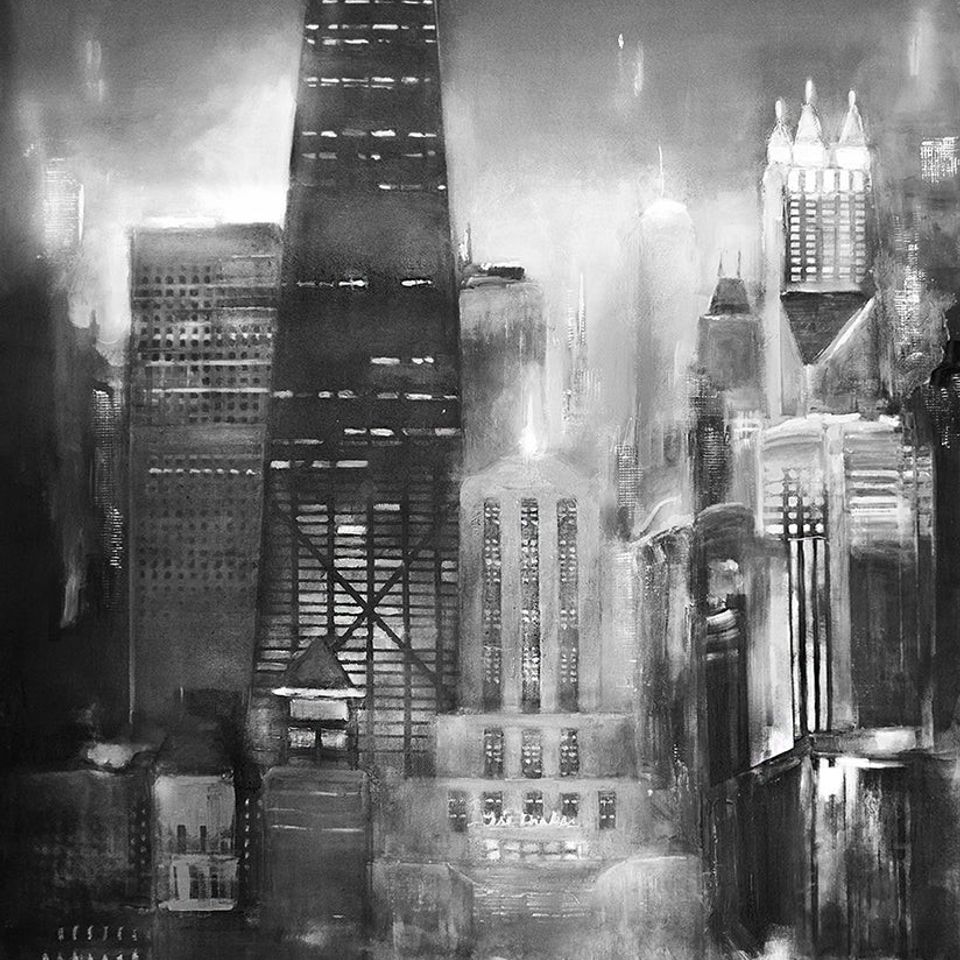 Chicago sunset oak beach skyline painting in black and white