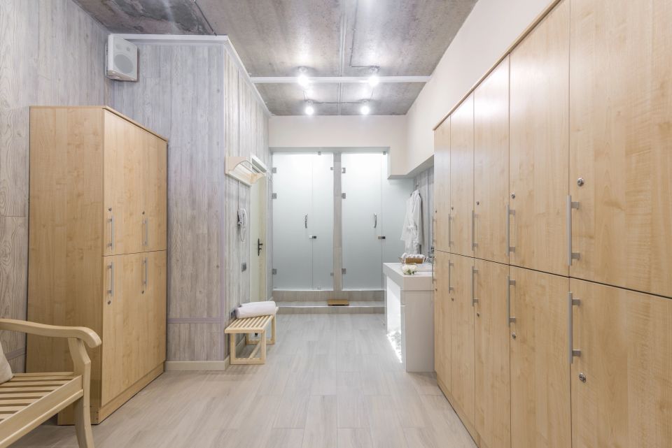 Modern shower room as seen in public gyms