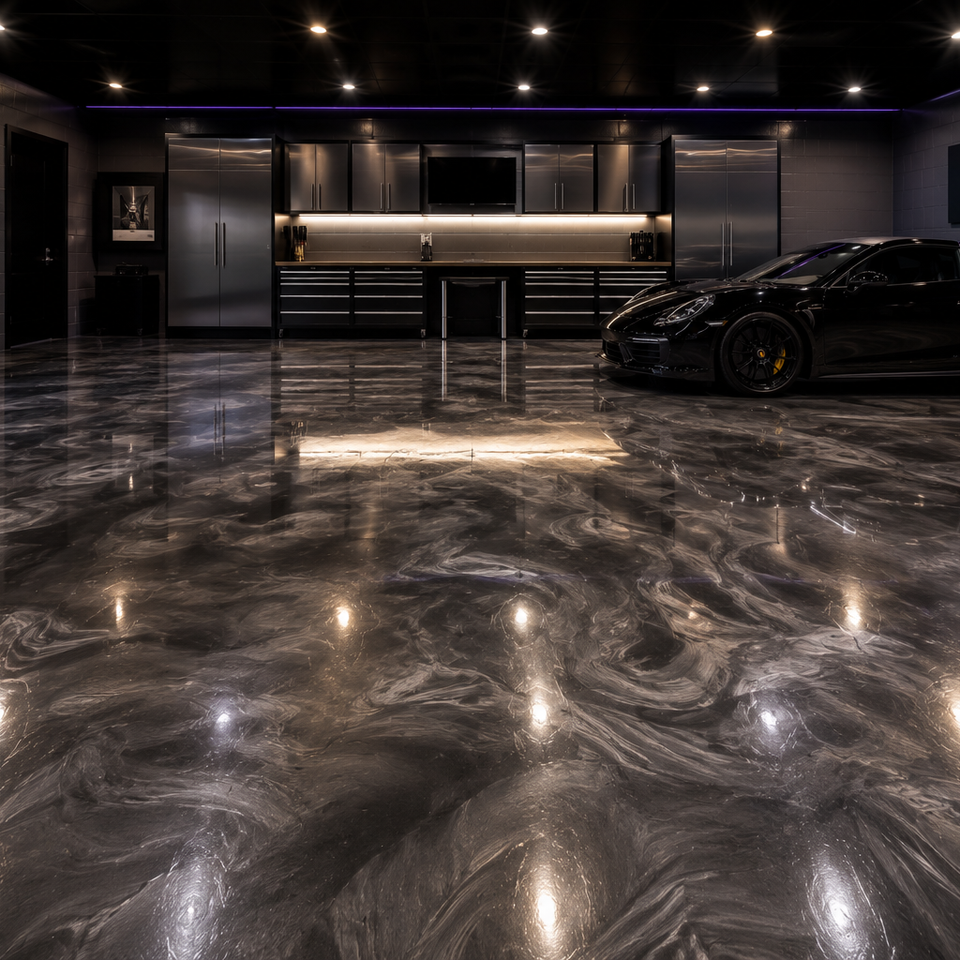 Metallic epoxy floor with dramatic finish