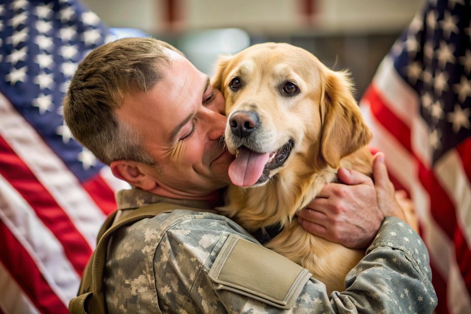 Man military uniform is kissing dog with words hes dog his chest