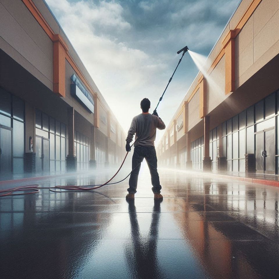 A person pressure washing a retail  stripmall type business  with their back to the viewer and aiming toward the top of the building