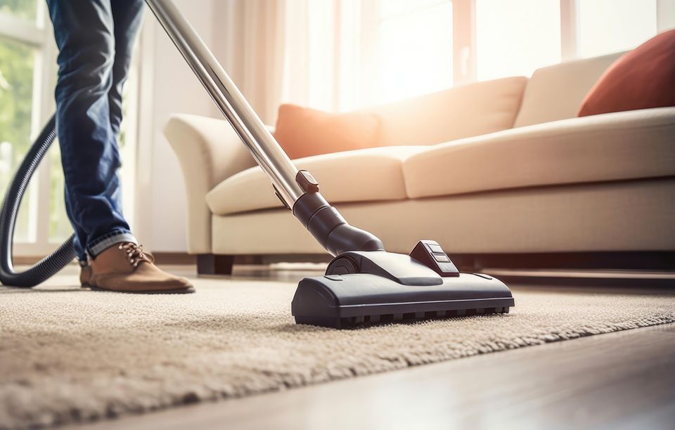 Someone vacuuming a rug
