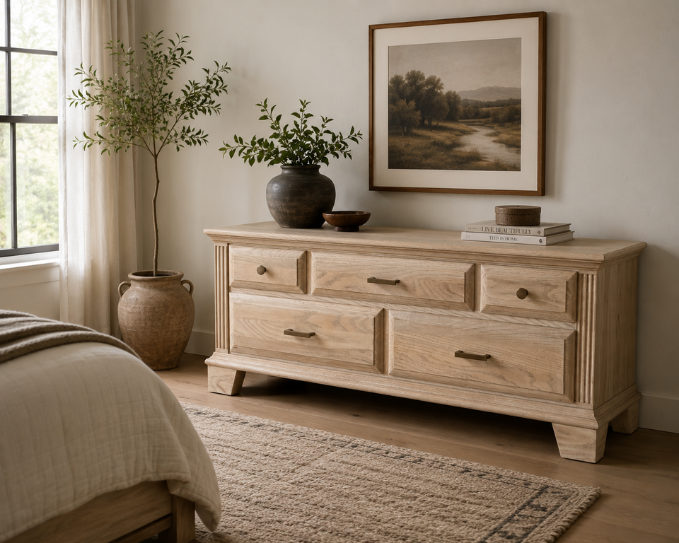 Short blond dresser in bedroom