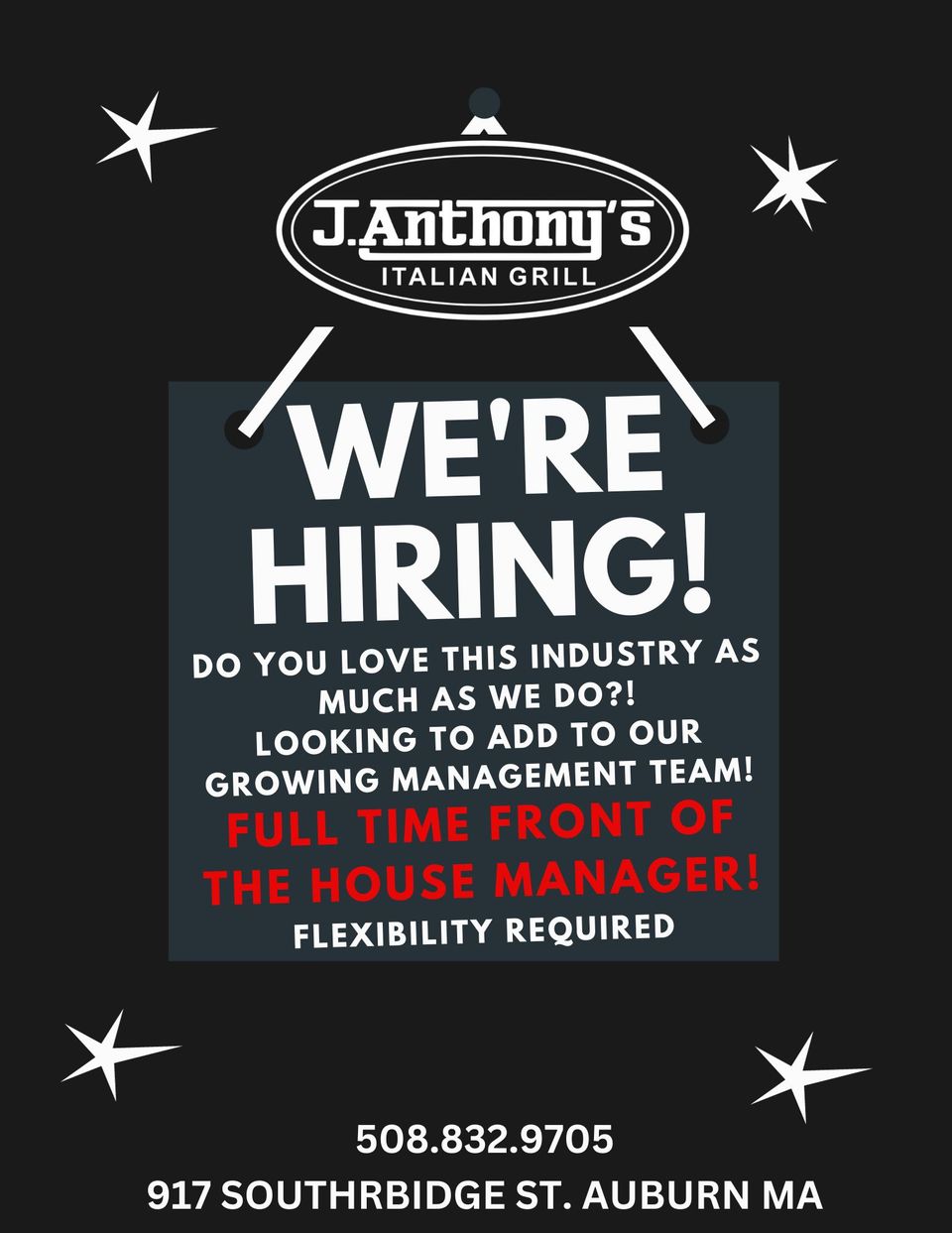 Do you love this industry as much as we do! looking to add to our management team! full time front of the house manager!