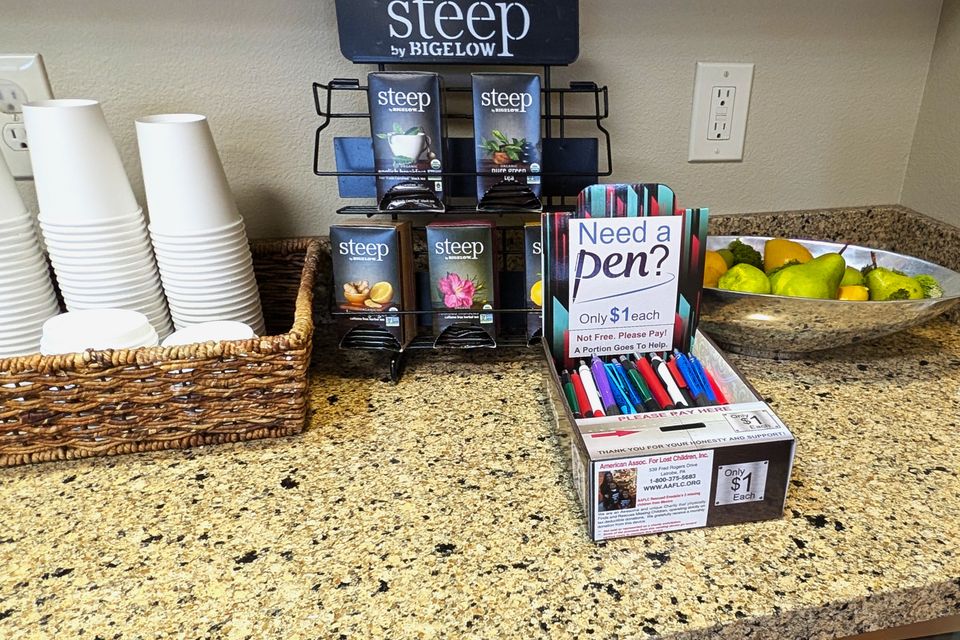 On location, at a hotel, fits nicely on the countertop. Filled with pens. passive income vending side gig vending route.