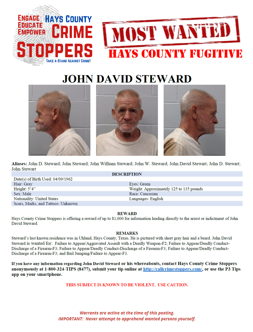 Steward most wanted poster