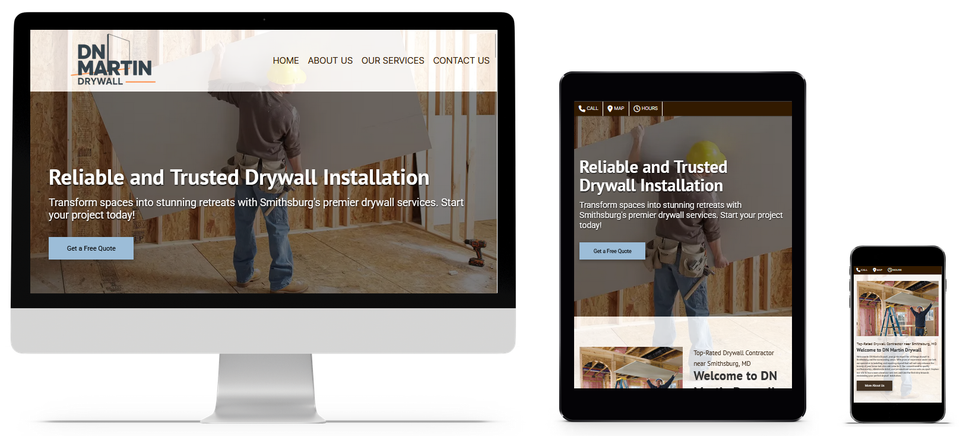 DN Martin Drywall website displayed on desktop, tablet, and mobile screens, highlighting responsive design and trusted drywall installation services in Smithsburg Maryland.