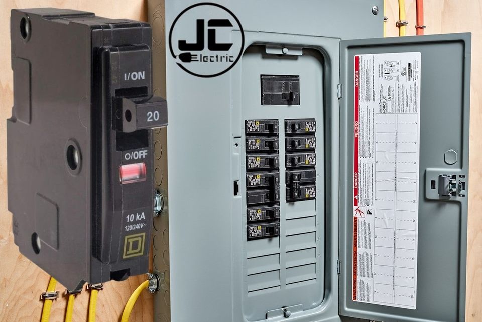 A close-up view of a new, 20 amp Square D circuit breaker with the 'I/ON' and 'O/OFF' positions clearly visible, alongside an open residential main electrical panel with the door open and circuit directory exposed.