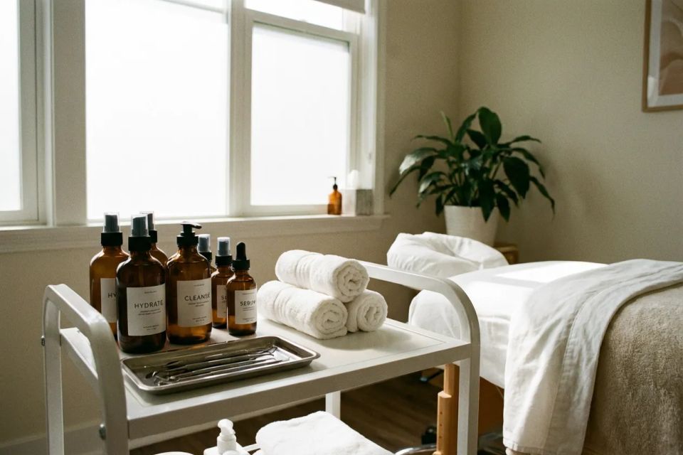 Professional skincare products in amber bottles and rolled white towels on a cart in a bright spa treatment room