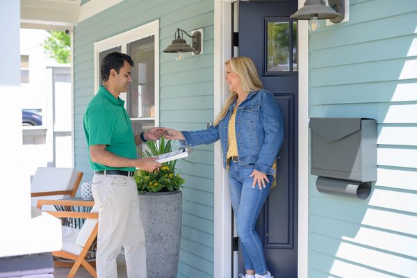 Woman greeting tech
