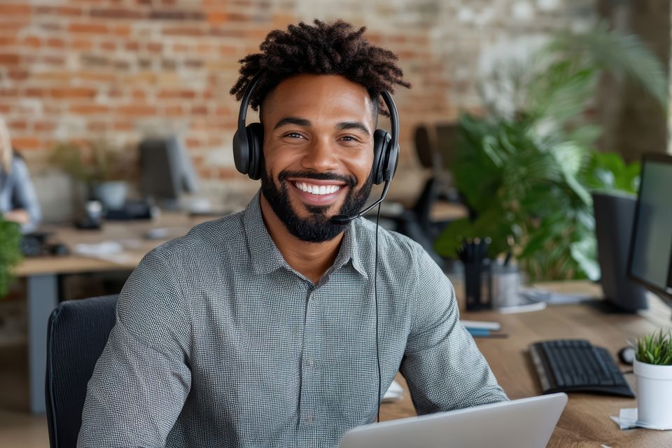 P medium vecteezy a smiling man in a headset is working on his laptop 72912222 medium