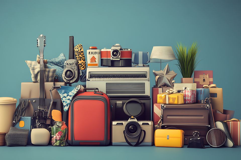 Assortment various household items luggage gifts guitar arranged pile blue background