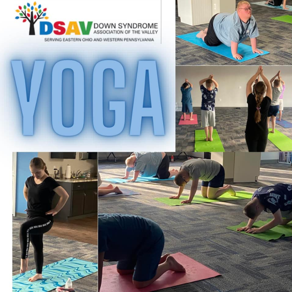Collage of participants practicing yoga during a Down Syndrome Association of the Valley yoga class.