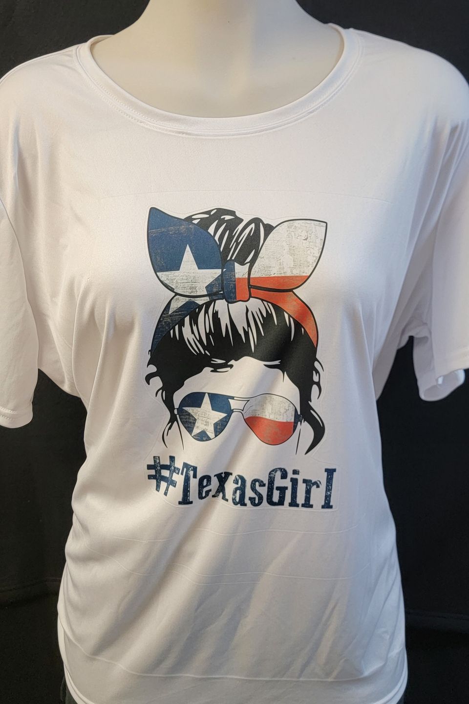 "DTF Direct-to-Film" example - TexasGirl design on white tee shirt
