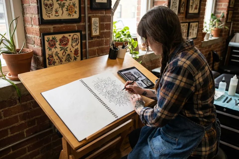 Female tattoo artist sketching custom skull and flower design on paper in a brick-walled studio