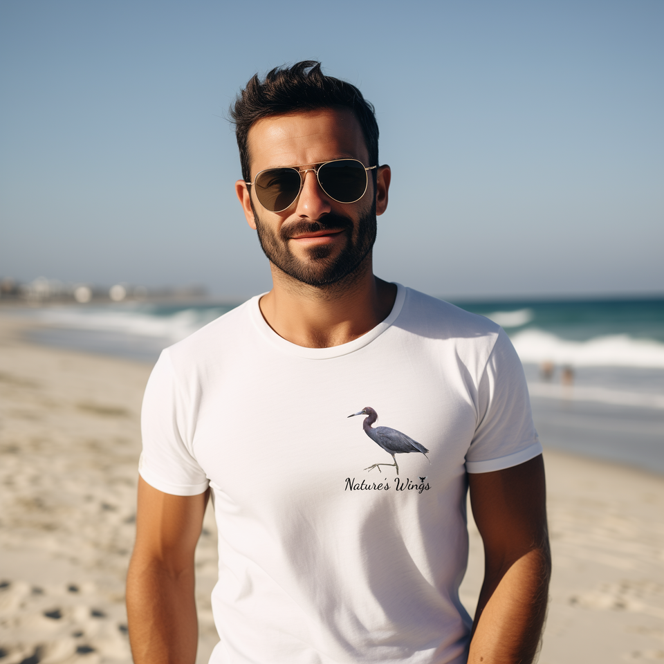 Man wearing a white t shirt smiling with reddish egret and logo copy
