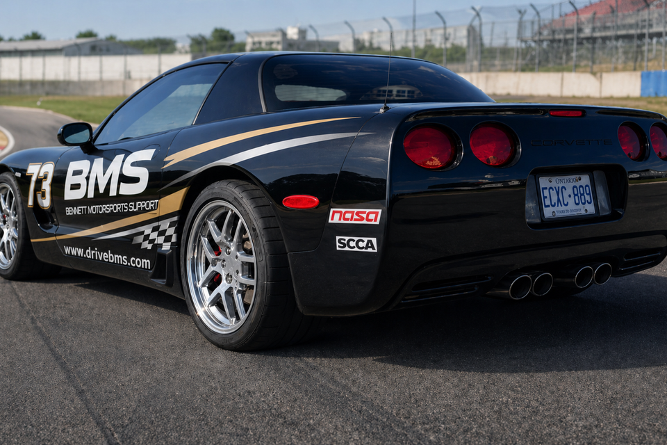 Black Betty, a race-prepped Chevrolet Corvette available for Arrive and Drive track day rentals and driver coaching with Bennett Motorsports Support.