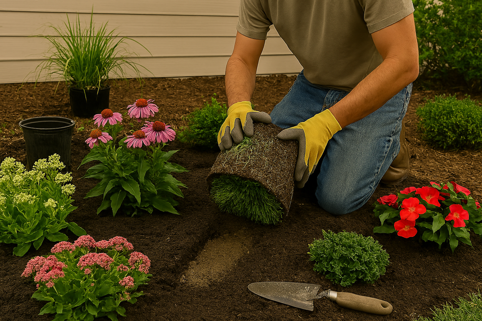 Landscaping professional planting flowers and shrubs in residential garden bed with mulch and tools