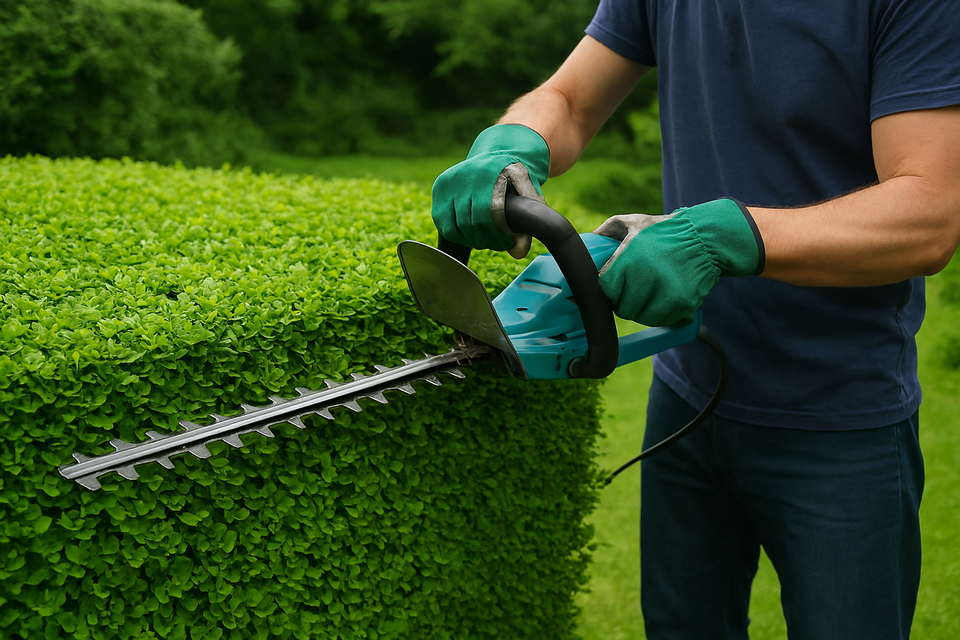 Close-up image of a landscaper trimming a dense green hedge with electric trimmers in a residential yard during daytime.