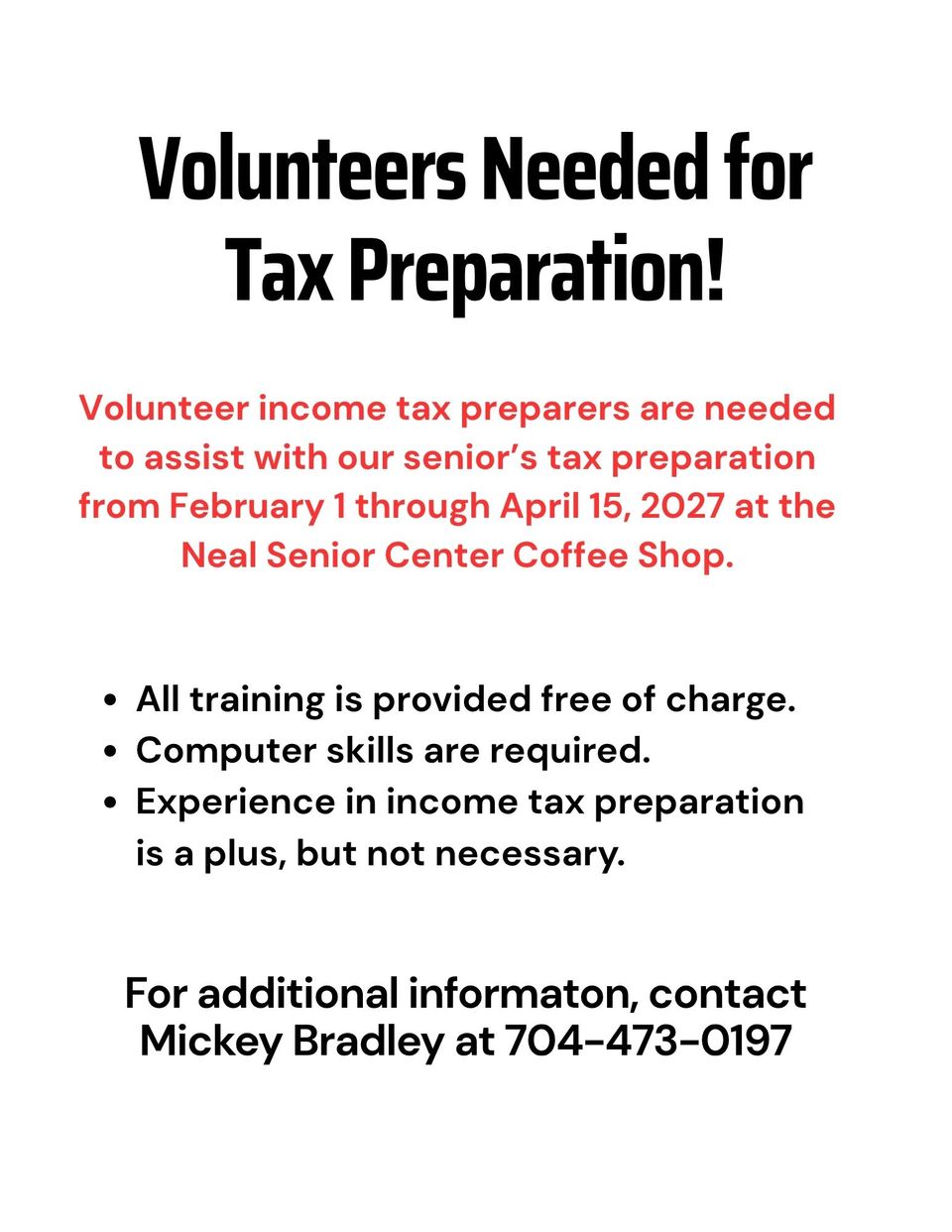 Poster tax preparers needed for 2027