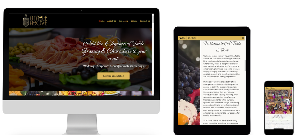 A Table Above catering and charcuterie website in Hagerstown Maryland displayed on desktop, tablet, and mobile with grazing tables and event catering services.