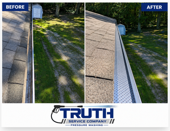 Before and after photos showing a roof edge with and without a gutter guard.
