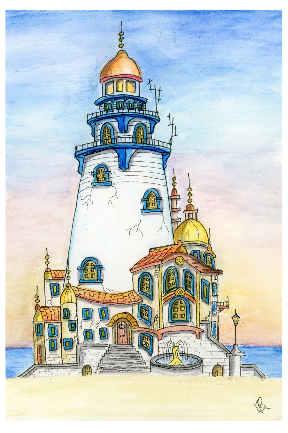 Whimsical lighthouse in pastel hues, featuring cracked walls, arched windows, and ornate domes, set against a vibrant sunrise, conveying a magical, serene atmosphere.