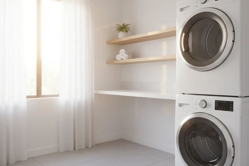 Safe and energy-efficient modern laundry room with stacked washer and dryer after professional vent cleaning