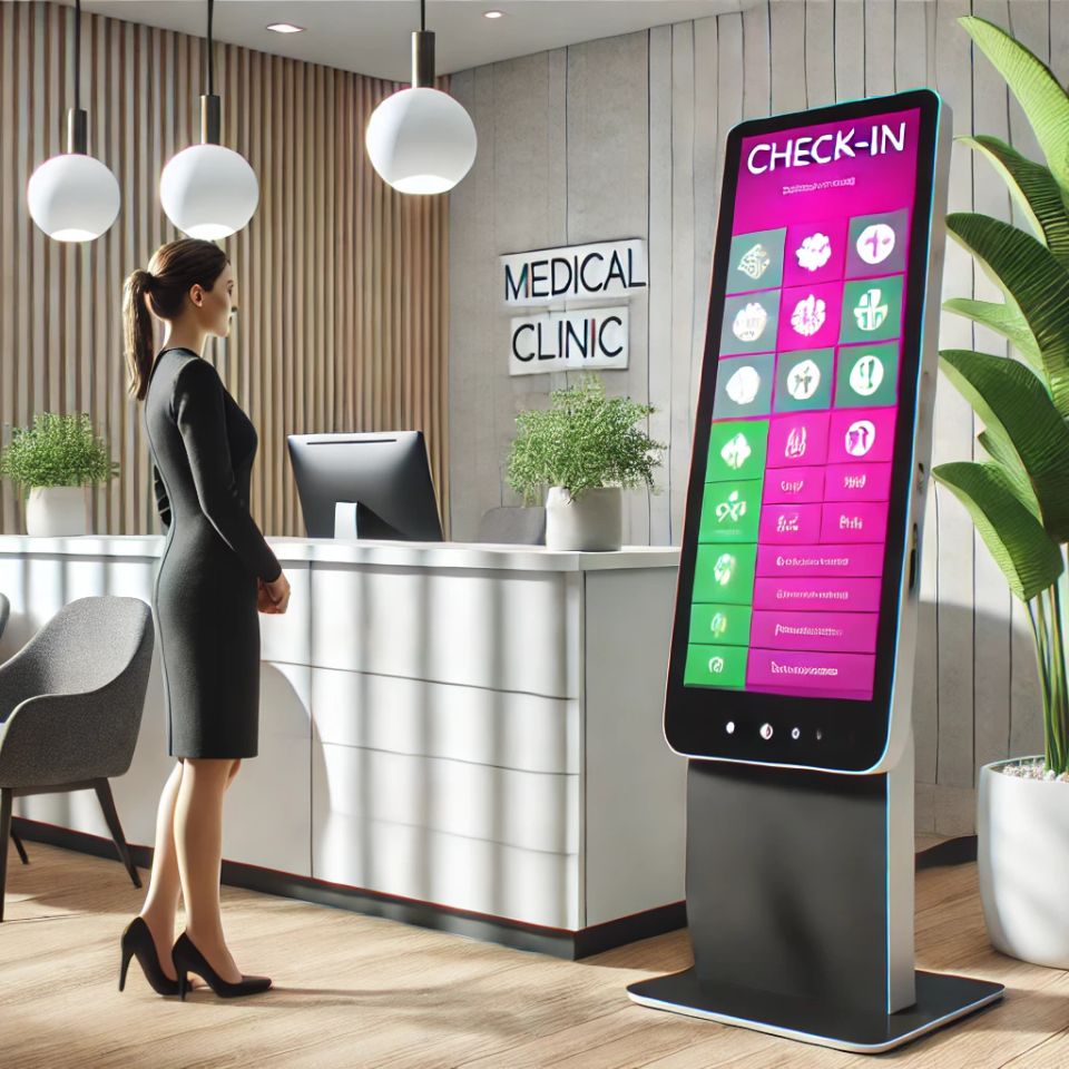 Dall·e 2025 03 24 16.16.05   a realistic medical clinic lobby with a slim  modern touchscreen kiosk placed immediately adjacent to and directly aligned with the receptionist at th