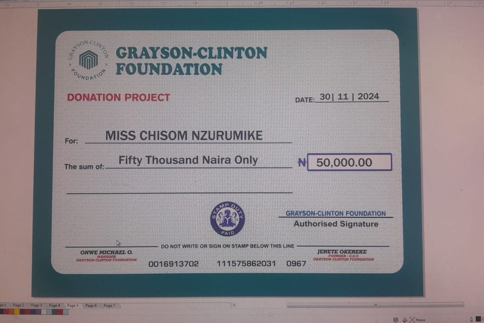 Donation cheque   miss chisom uzurumike