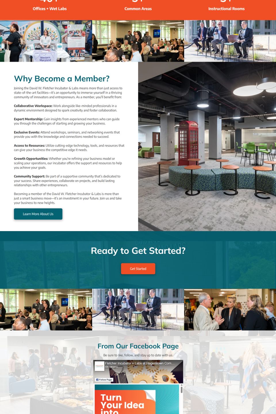 Screenshot of the David W. Fletcher Incubator and Labs website showing member benefits, coworking spaces, mentoring programs, and startup support in Washington County.