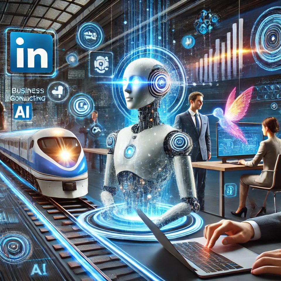 Dall·e 2025 03 17 16.52.39   a high tech business environment showcasing multiple services. on the left  an ai powered linkedin networking assistant is displayed on a sleek laptop