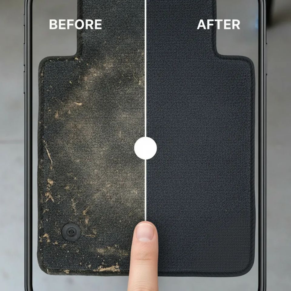 Before and after interior auto detailing results showing deep carpet cleaning and stain removal.