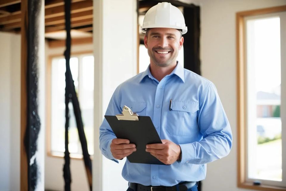 Building inspector with hard hat smiling at the camera holding a clipboard inspecting fire damage inside a house (2) original